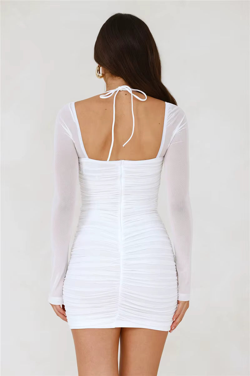 Square Collar Backless Two Layer Mesh Zipper Long Sleeve Ruched Club Party Dress