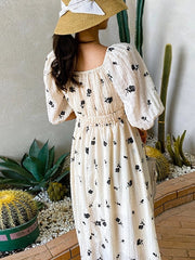 Square Collar Puff Sleeve Printed Beach Dress