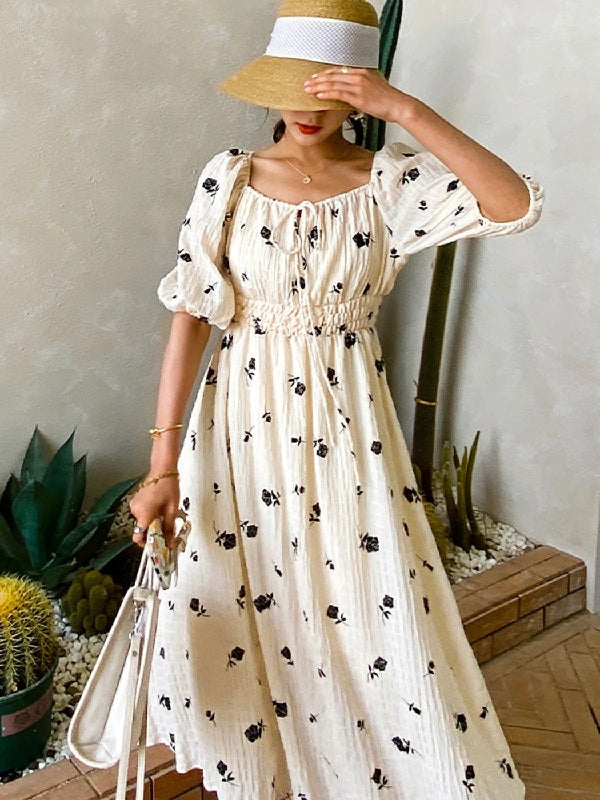 Square Collar Puff Sleeve Printed Beach Dress