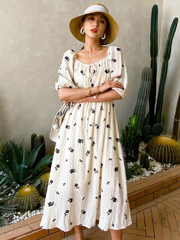 Square Collar Puff Sleeve Printed Beach Dress