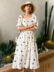 Square Collar Puff Sleeve Printed Beach Dress