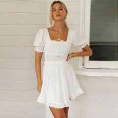 Square Collar Puff Sleeve Ruffled Dress Beach Dress