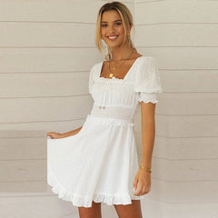 Square Collar Puff Sleeve Ruffled Dress Beach Dress