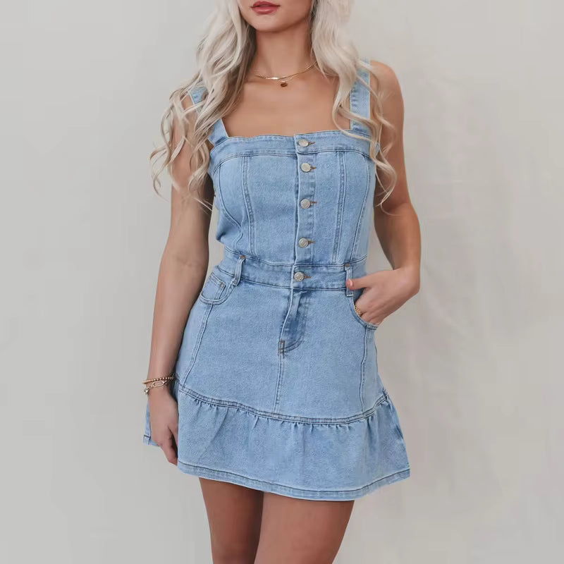 Square Neck Half Button Street Pockets Sleeveless Ruffle Hem Short Denim Dress
