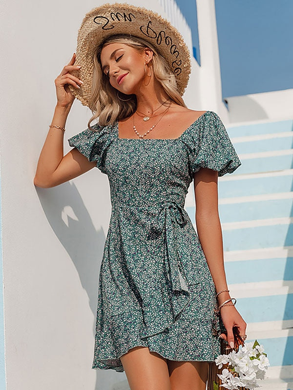 Square Neck Short Sleeve Sash Printed Polyester Beach Dress