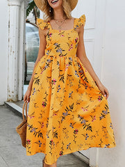 Square Neck Sleeveless Ruffles Floral Print Backless Long Beach Dress