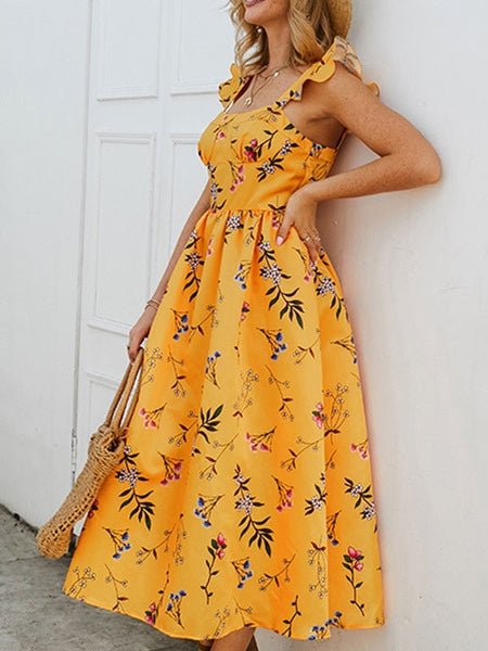 Square Neck Sleeveless Ruffles Floral Print Backless Long Beach Dress