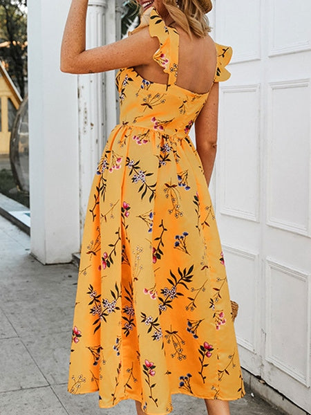 Square Neck Sleeveless Ruffles Floral Print Backless Long Beach Dress