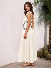 Elegant Square Neckline And Black Embroidery Maxi Dress