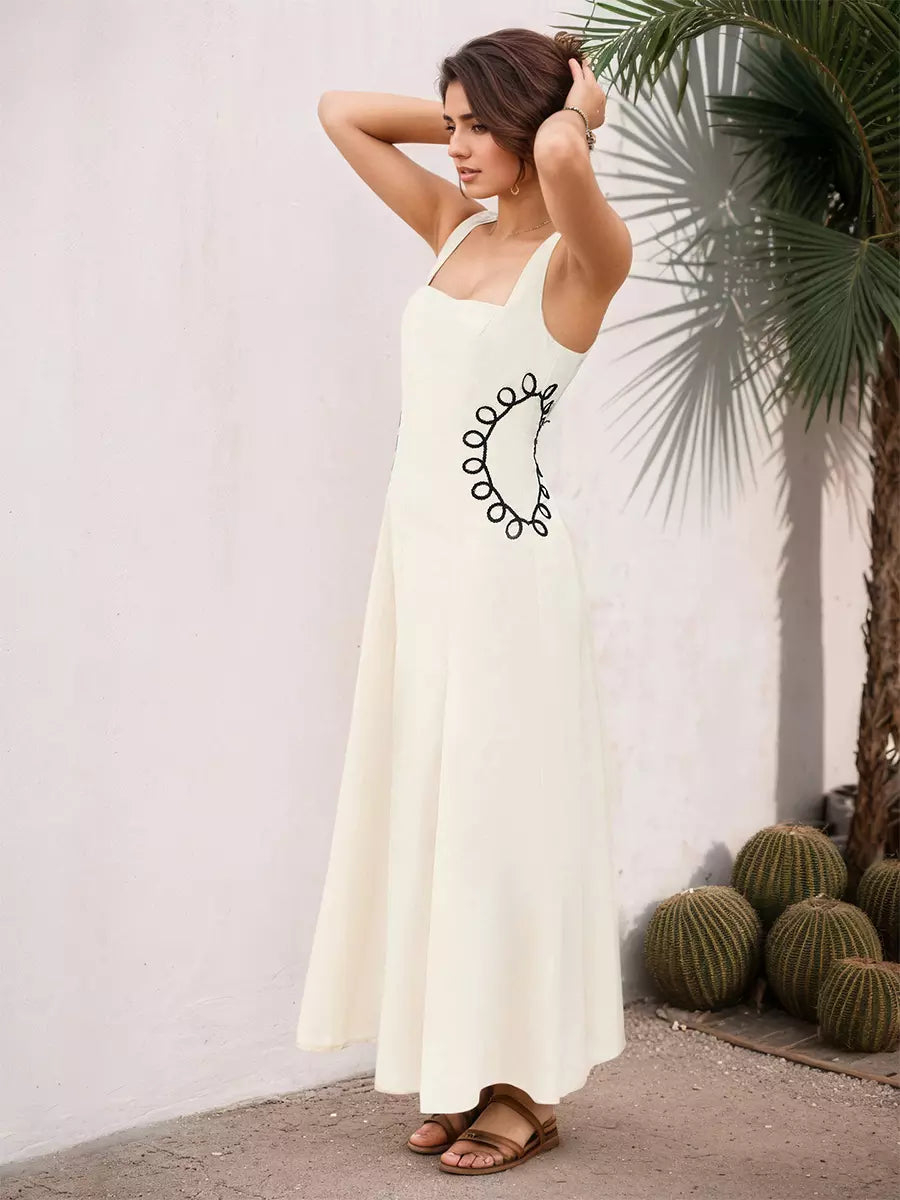 Elegant Square Neckline And Black Embroidery Maxi Dress