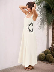 Elegant Square Neckline And Black Embroidery Maxi Dress
