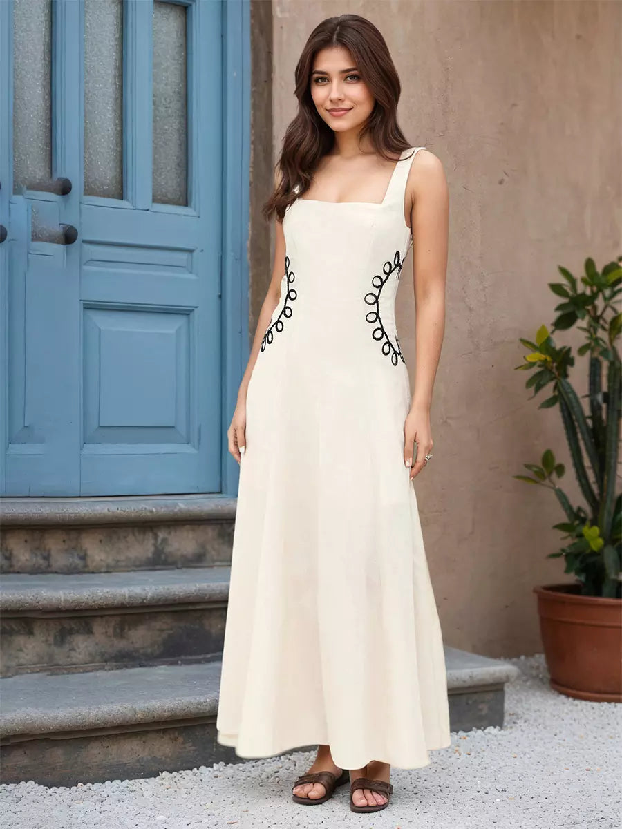 Elegant Square Neckline And Black Embroidery Maxi Dress