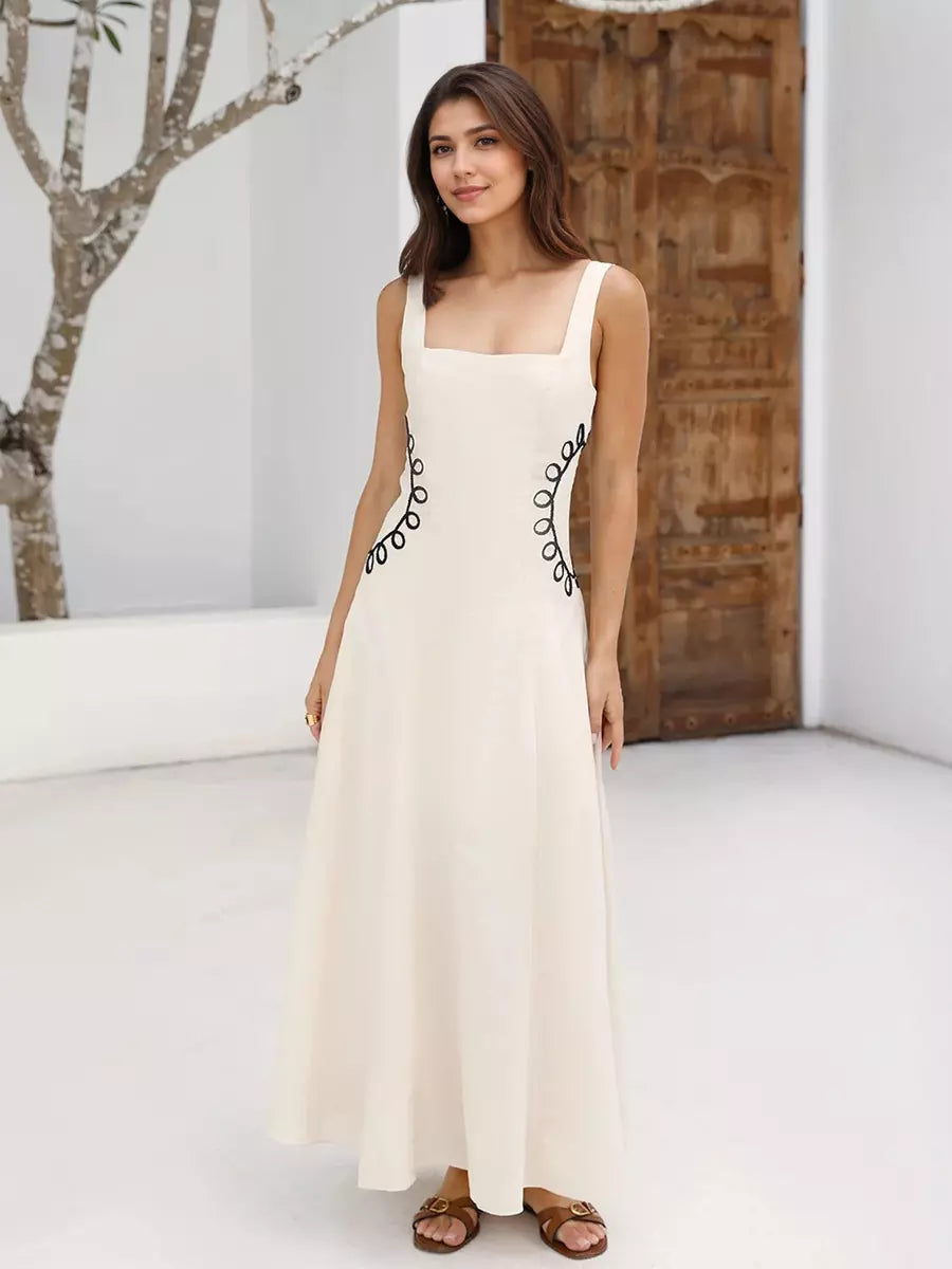 Elegant Square Neckline And Black Embroidery Maxi Dress