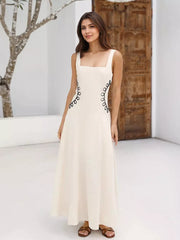 Elegant Square Neckline And Black Embroidery Maxi Dress