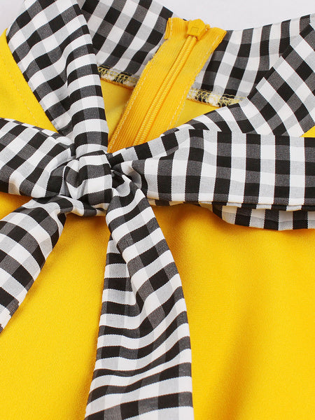 Stand Collar Bows Knotted Short Sleeves Patch Stripes Swing Dress
