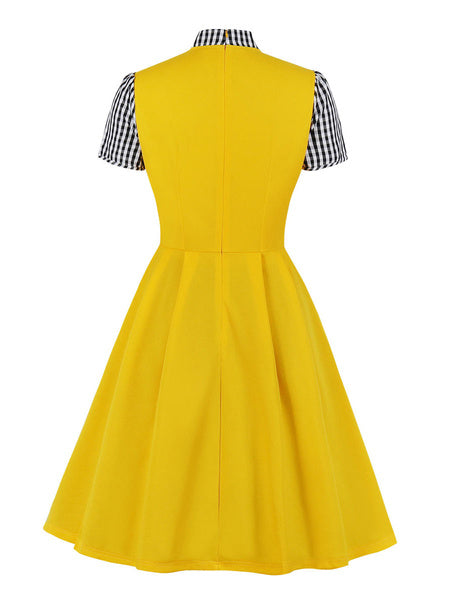 Stand Collar Bows Knotted Short Sleeves Patch Stripes Swing Dress