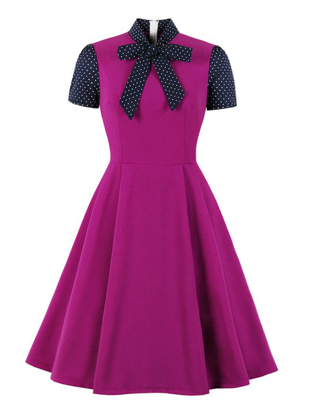 Stand Collar Bows Knotted Short Sleeves Patch Stripes Swing Dress