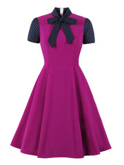Stand Collar Bows Knotted Short Sleeves Patch Stripes Swing Dress