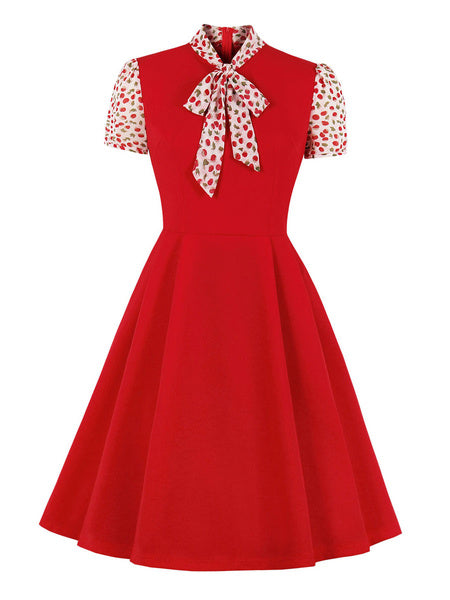 Stand Collar Bows Knotted Short Sleeves Patch Stripes Swing Dress