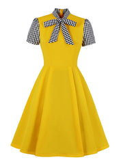 Stand Collar Bows Knotted Short Sleeves Patch Stripes Swing Dress