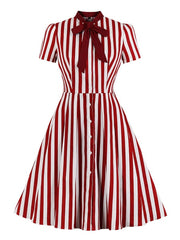 Stand Collar Bows Stripes Layered Short Sleeves Printed Swing Dress