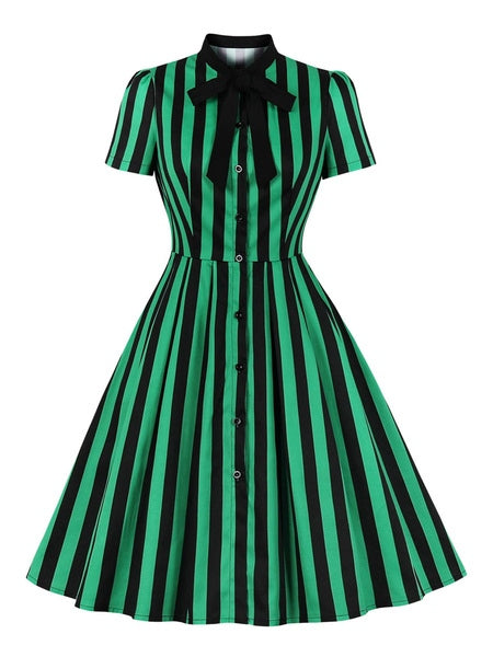 Stand Collar Bows Stripes Layered Short Sleeves Printed Swing Dress