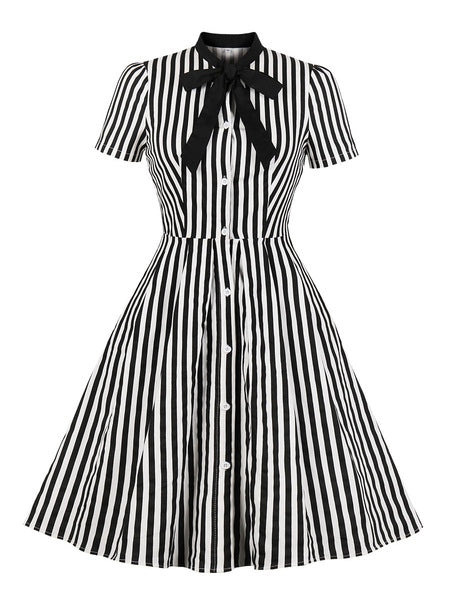 Stand Collar Bows Stripes Layered Short Sleeves Printed Swing Dress