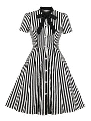 Stand Collar Bows Stripes Layered Short Sleeves Printed Swing Dress