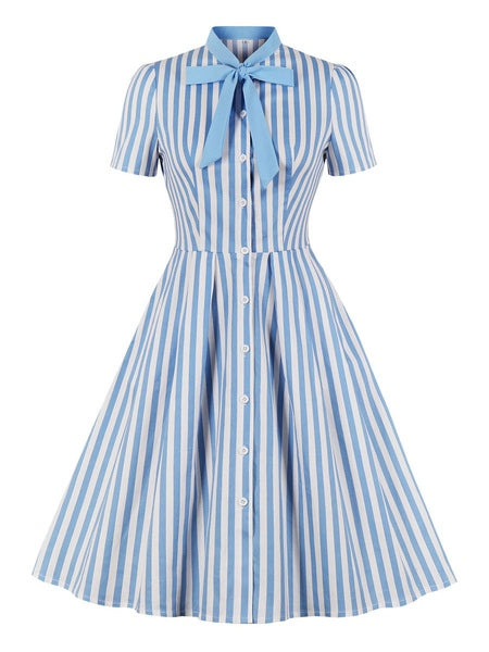 Stand Collar Bows Stripes Layered Short Sleeves Printed Swing Dress