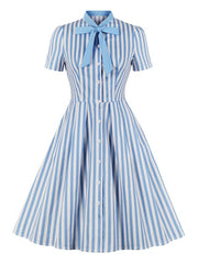 Stand Collar Bows Stripes Layered Short Sleeves Printed Swing Dress