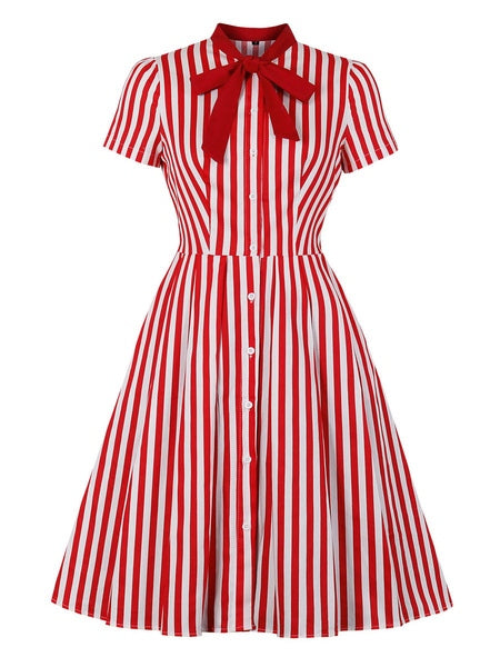 Stand Collar Bows Stripes Layered Short Sleeves Printed Swing Dress