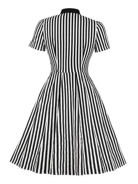 Stand Collar Bows Stripes Layered Short Sleeves Printed Swing Dress