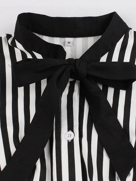 Stand Collar Bows Stripes Layered Short Sleeves Printed Swing Dress