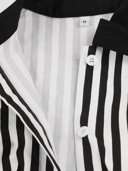 Stand Collar Bows Stripes Layered Short Sleeves Printed Swing Dress