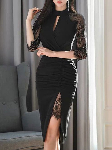 Stand Collar Lace Layered 3/4 Length Sleeves Bodycon Dress
