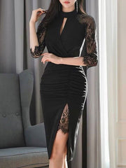 Stand Collar Lace Layered 3/4 Length Sleeves Bodycon Dress