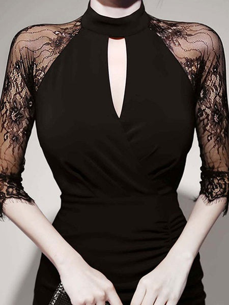 Stand Collar Lace Layered 3/4 Length Sleeves Bodycon Dress