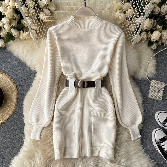 Stand Collar Long Sleeve Mini Sweater Dress