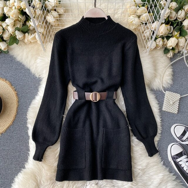 Stand Collar Long Sleeve Mini Sweater Dress