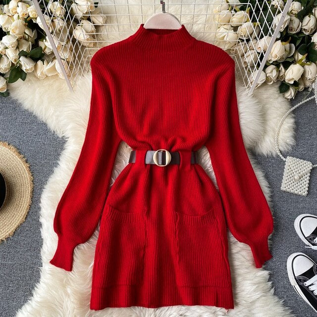 Stand Collar Long Sleeve Mini Sweater Dress