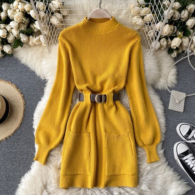 Stand Collar Long Sleeve Mini Sweater Dress