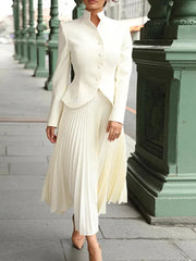 Stand Collar Long Sleeve Spliced Button Tops High Waist Skirt Chic Set