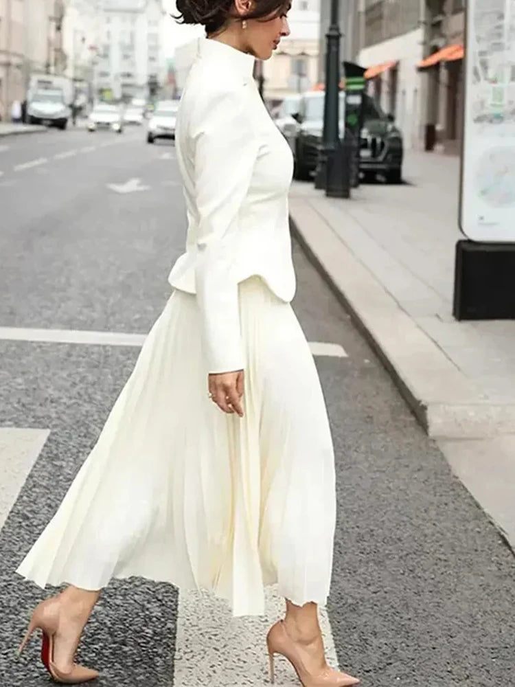 Stand Collar Long Sleeve Spliced Button Tops High Waist Skirt Chic Set