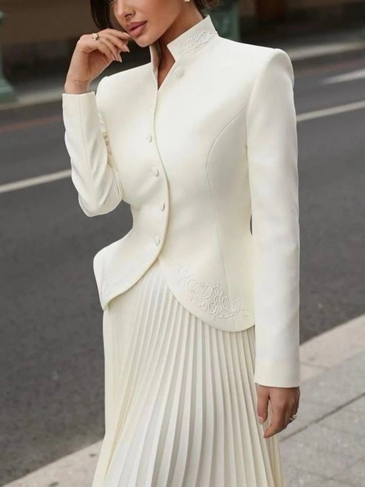 Stand Collar Long Sleeve Spliced Button Tops High Waist Skirt Chic Set
