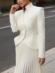 Stand Collar Long Sleeve Spliced Button Tops High Waist Skirt Chic Set