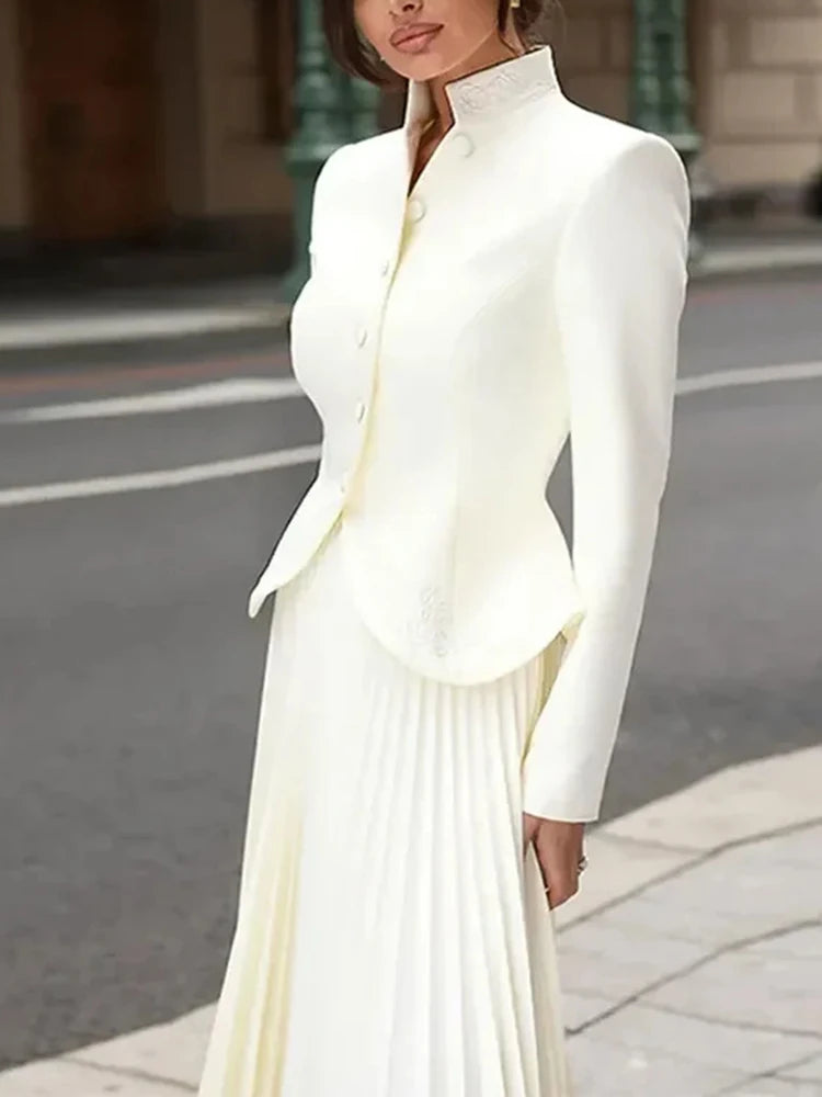 Stand Collar Long Sleeve Spliced Button Tops High Waist Skirt Chic Set