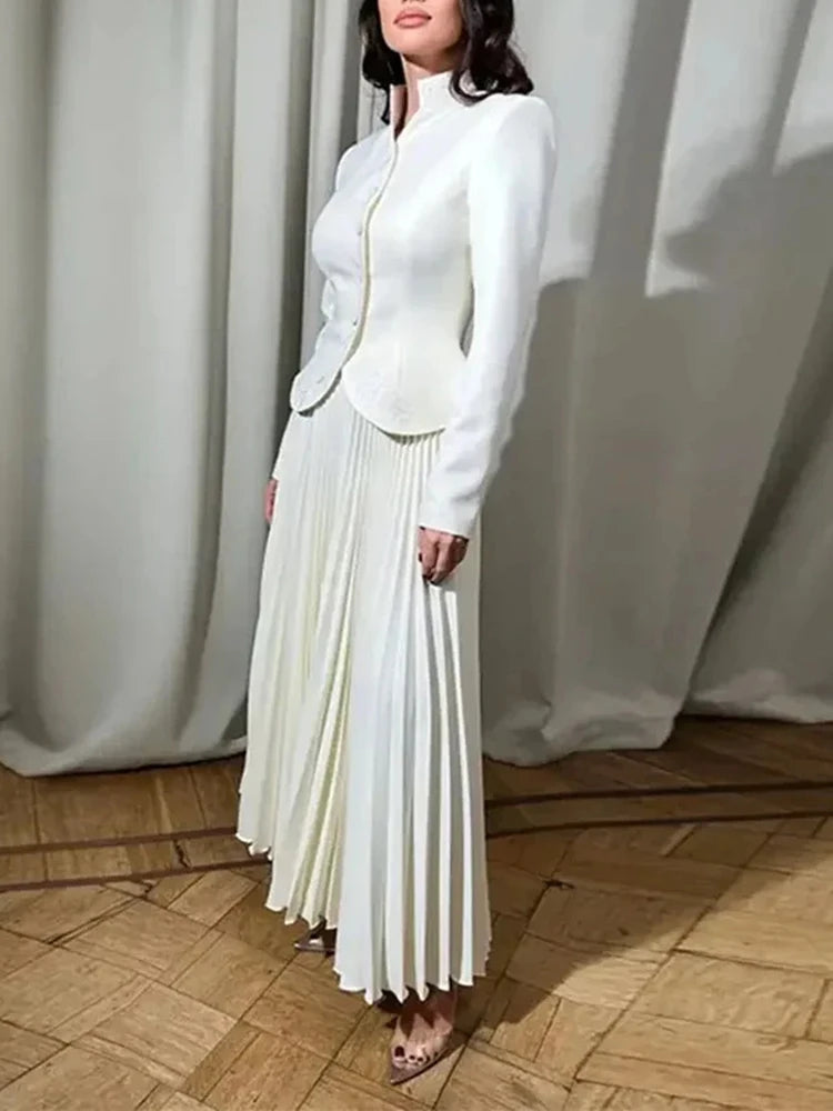 Stand Collar Long Sleeve Spliced Button Tops High Waist Skirt Chic Set