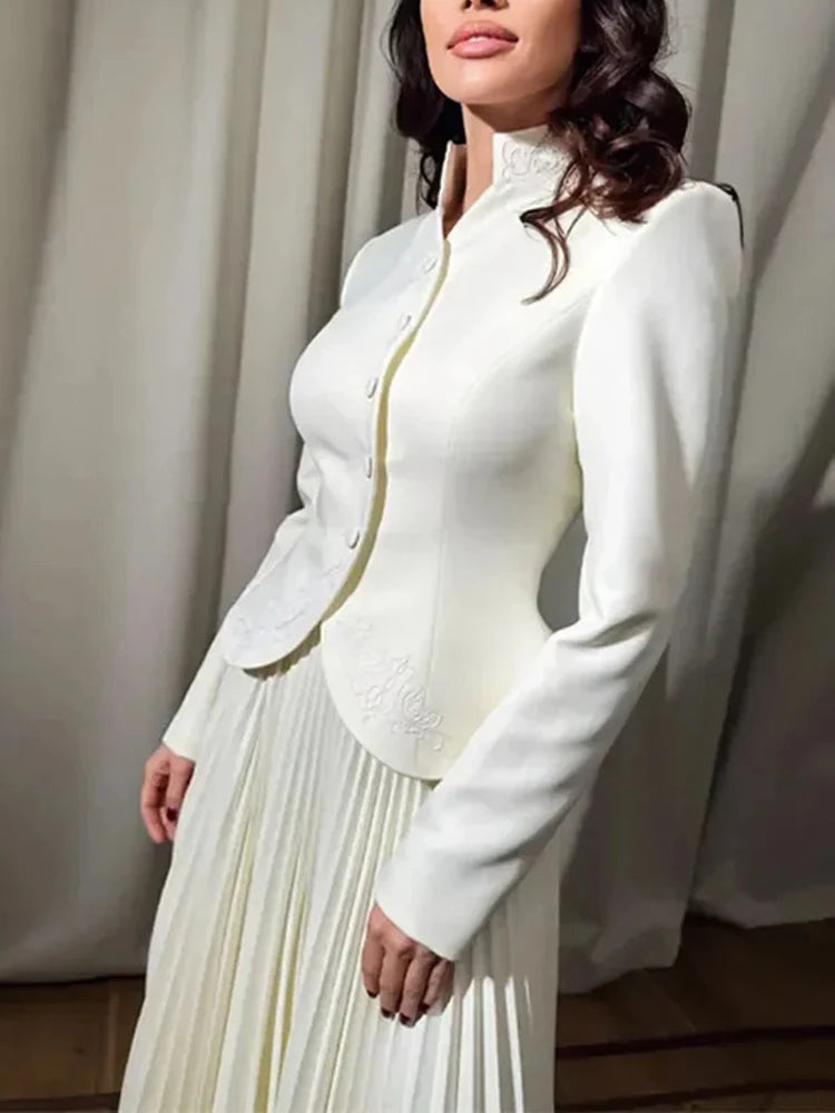 Stand Collar Long Sleeve Spliced Button Tops High Waist Skirt Chic Set