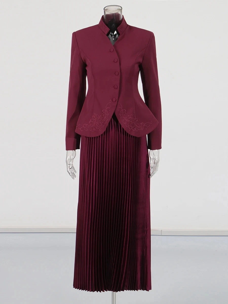 Stand Collar Long Sleeve Spliced Button Tops High Waist Skirt Chic Set