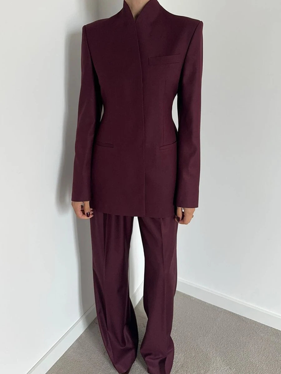 Stand Collar Long Sleeve Tops High Waist Spliced Button Long Pants Set